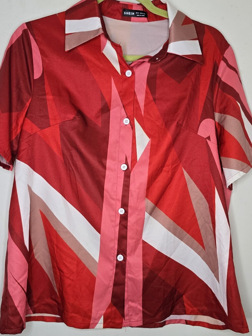 SHEIN Women's Red Pink Geometric Print Button Front Blouse Shirt Size Medium